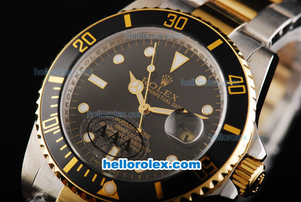 Rolex Submariner Swiss ETA 2836 Automatic Movement Two Tone with Black Bezel Black Dial and White Markers - Click Image to Close